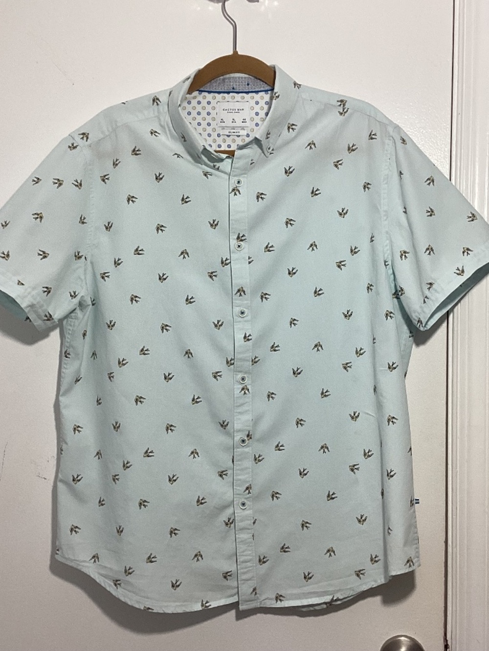CACTUS MAN RICKY SINGH XL SLIM FIT OCEAN BLUE BIRDS COTTON SHIRT SHORT SLEEVE